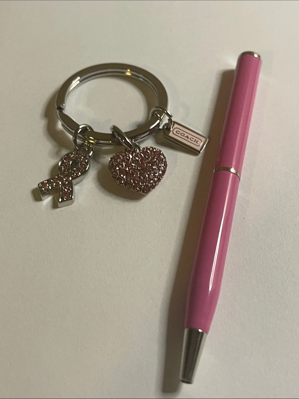 COACH Pink Heart & Ribbon Crystal Keyring and Coach Pen